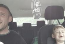 Darling father and son lip sync road trip style