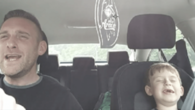 Darling father and son lip sync road trip style