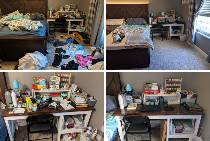 Organized cleaning supplies before and after