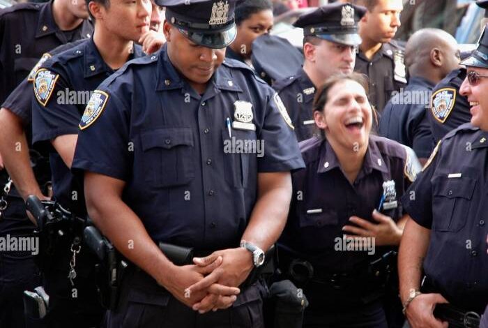 Laughing policeman warn joke fool