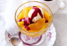 Caramelized peach melba with raspberry granita