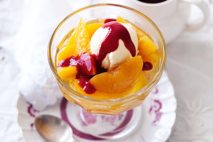 Caramelized peach melba with raspberry granita